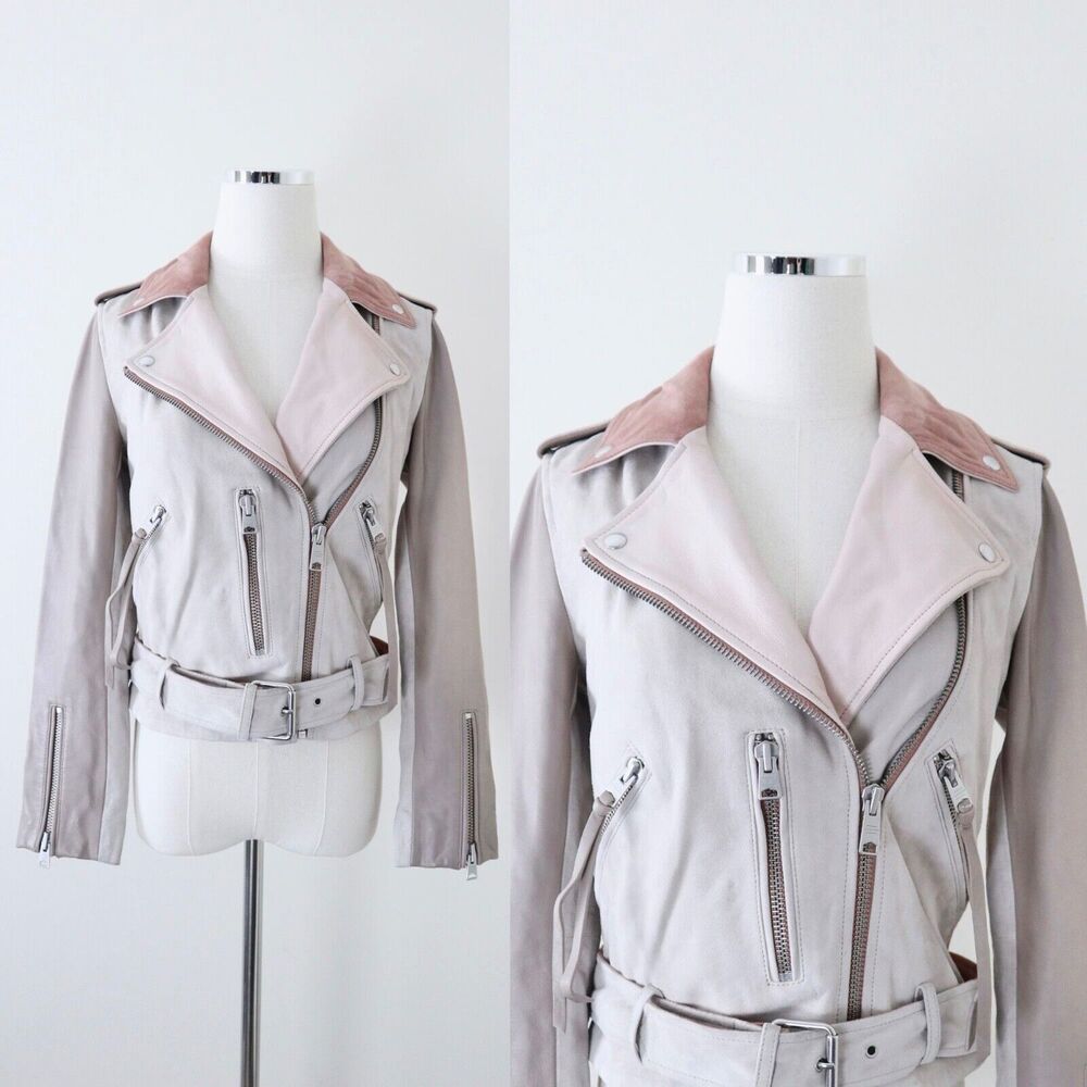 AllSaints Size 4 Balfern Biker Jacket Suede Leather Moto Cream Pink Mix - Picture 2 of 13